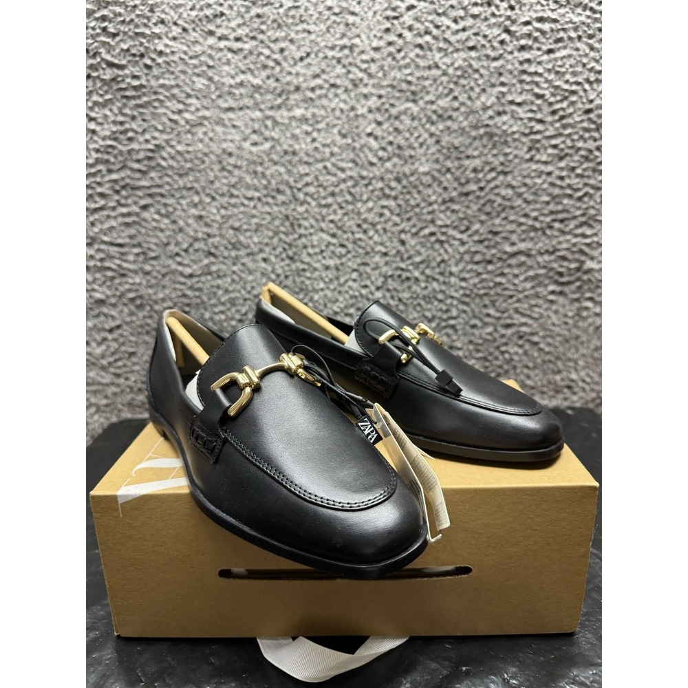 NWT Zara Patent Leather Slip‎ On Loafers Black w/ Gold Accent Womens Size 38 EU